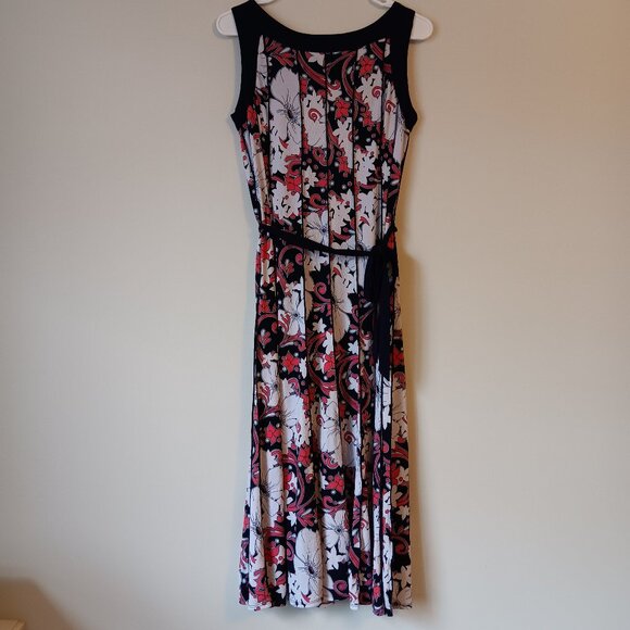 Sleeveless Floral Dress with Raised Designs Size M Pink White Navy Waist Tie EUC - Picture 1 of 3